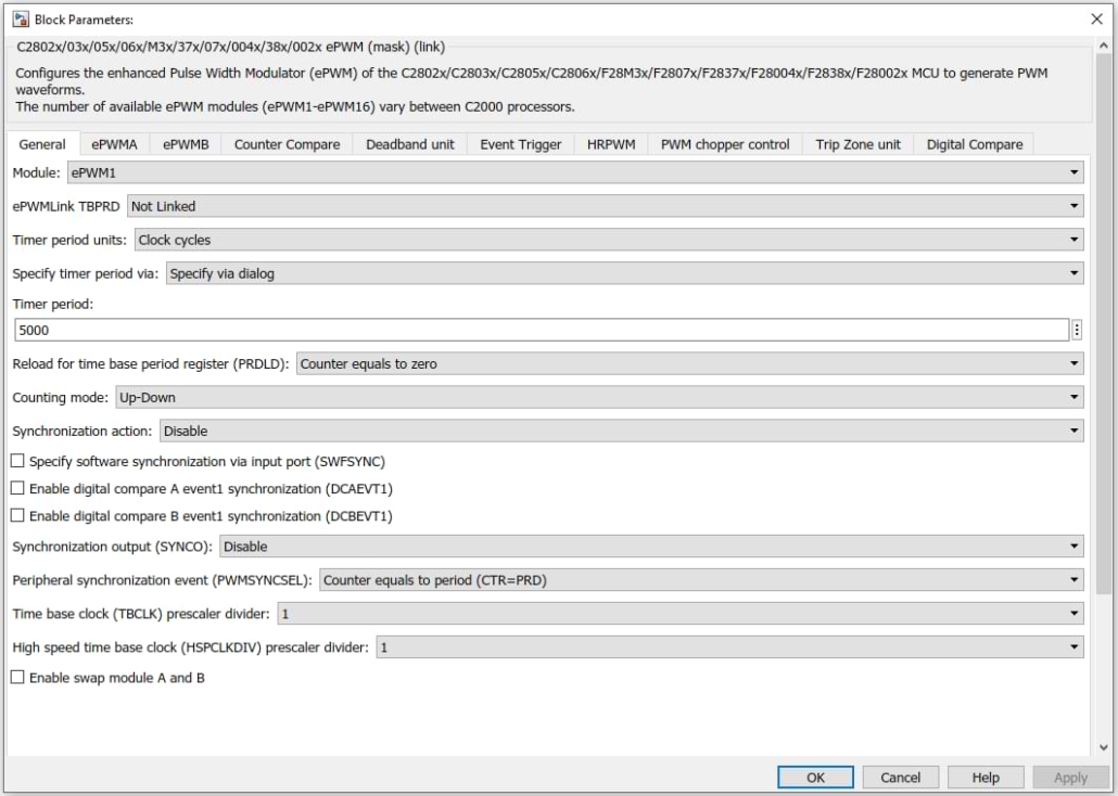 PE-RCP ePWM Block Settings