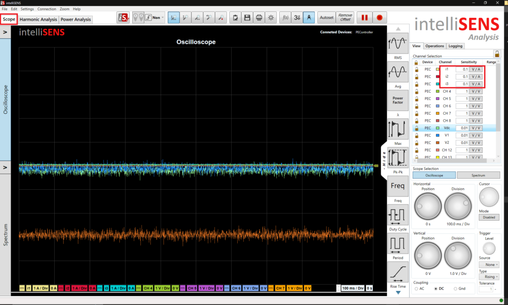 Paramètres de l'oscilloscope intelliSENS